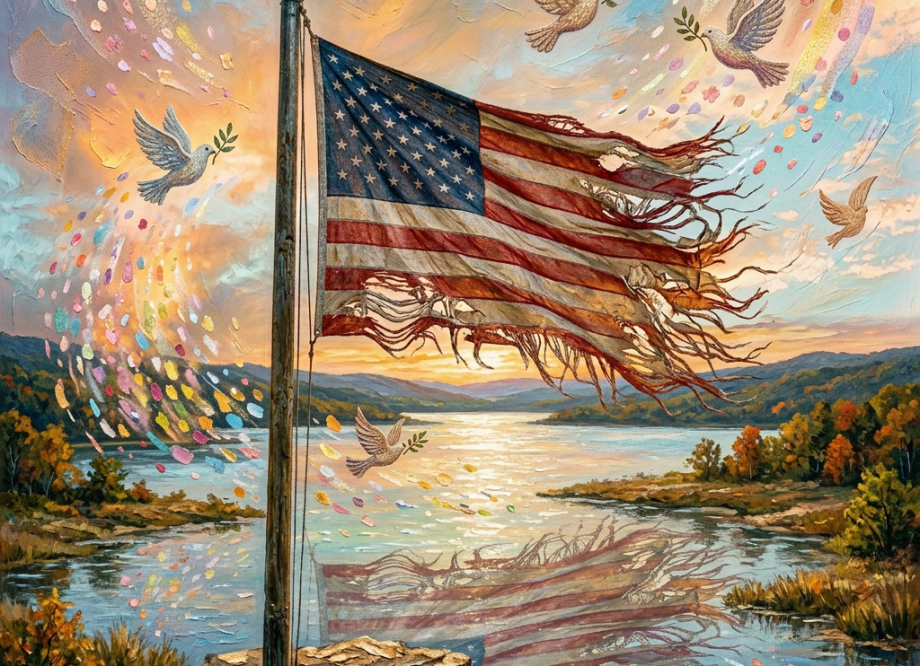 Tattered American flag on flagpole with sunset and rural landscape in background